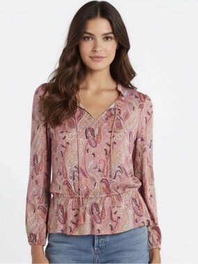 NWT L Les Serein Locarno Paisley Peplum Knit Rayon Long Sleeve Top